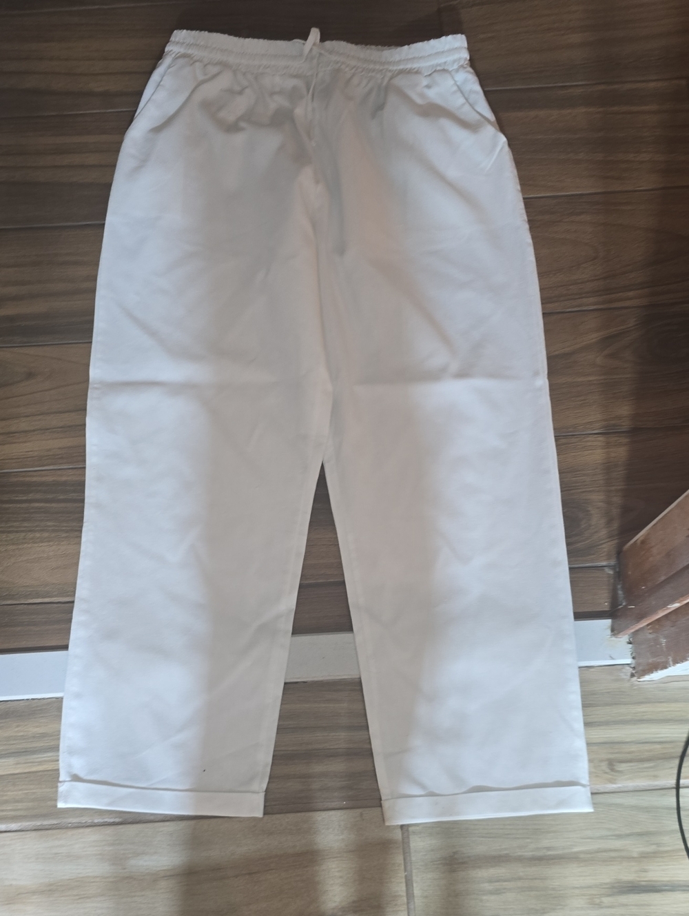 White Elastic Waist Straight-Leg Pants Cotton Blend Large